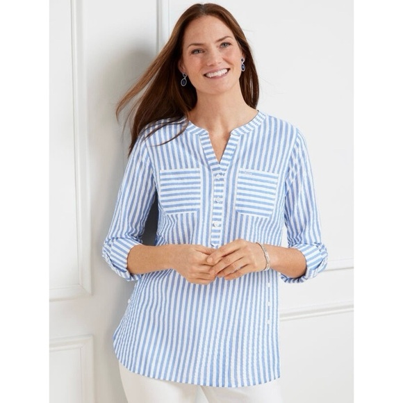 Talbots Seersucker Blue Stripe Metallic Lurex Side Button Women’s Tunic Sz 3X - Picture 2 of 11